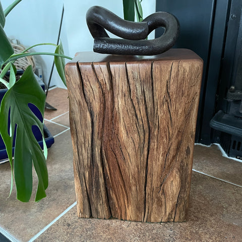 Wharf timber door stop with vintage railway iron, natural erosion grooves, upcycled by shades at grays.