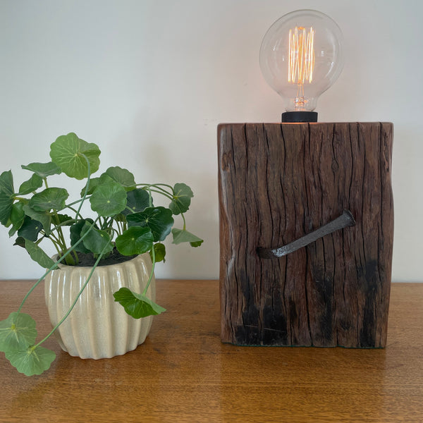 Wharf timber heritage lamp upcycled with edison bulb by shades at grays.