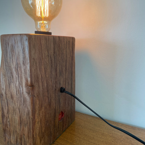 Wharf timber heritage lamp upcycled with edison bulb by shades at grays, side and back view.