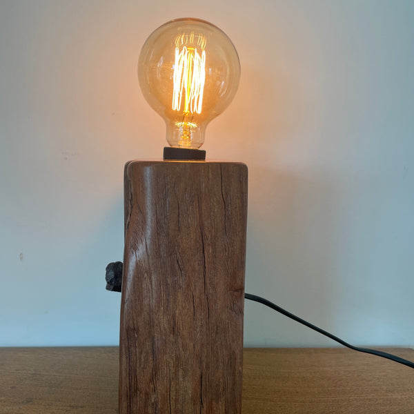 Wharf timber heritage lamp upcycled with edison bulb by shades at grays, side view.