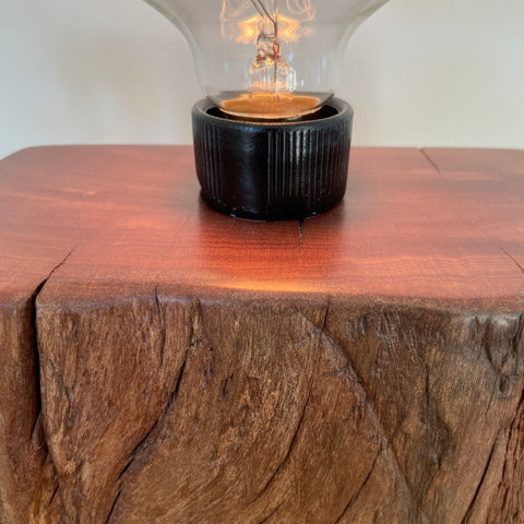 Wharf timber table lamp with edison bulb, close up of polished top and wood grain, enhanced with bees wax, by shades at grays.