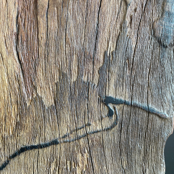 Reclaimed wood table lamp with close up of distinctive wave shaped erosion mark, crafted by Shades at Grays.