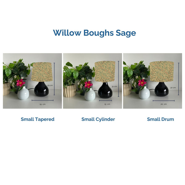 Willow bough sage fabric on 3 styles of lampshades on black ceramic base