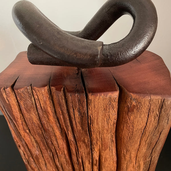 Wood door stop crafted from wharf timber with authentic railway pandrol clip, front view, close up with polished top and retained erosion grooves, by shades at grays.