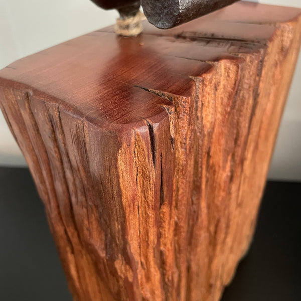 Wood door stop crafted from wharf timber with authentic railway pandrol clip, front view, close up with polished top and retained erosion grooves, diagonal view, by shades at grays.