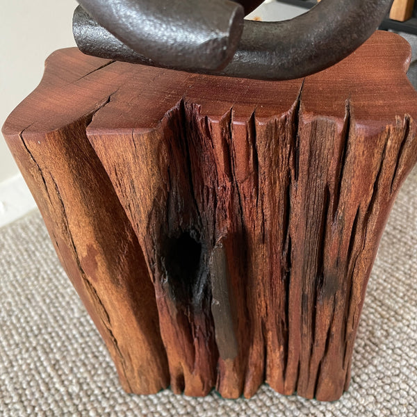 Wood door stop with authentic tar marks and erosion grooves, and polished railway pandrol clip, crafted by shades at grays, close up of front view.