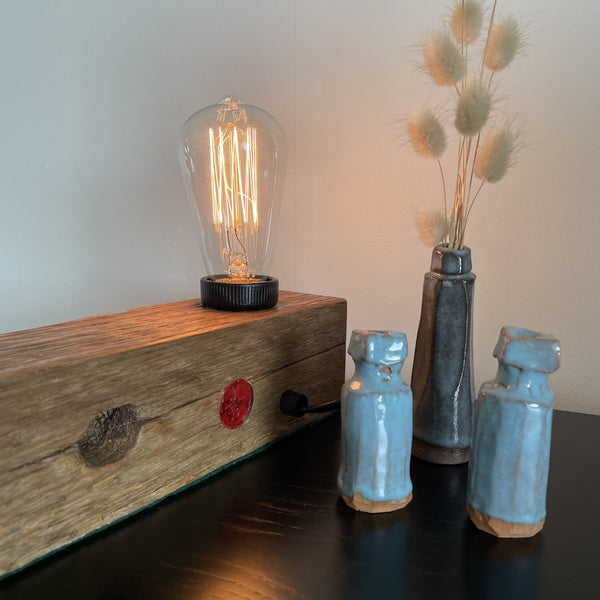 Wooden table lamp upcycled from old telegraph pole with edison bulb, back view, by shades at grays.