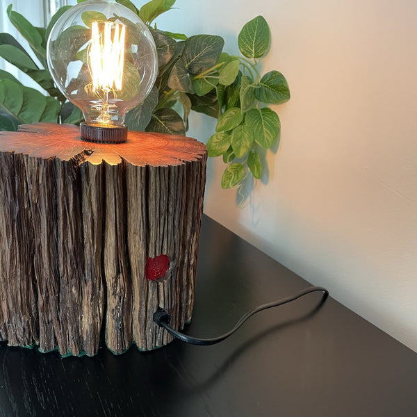 Wooden table lamp made from recycled wharf timber with deep eroded grooves. Back view with black lead and red brand of creator.