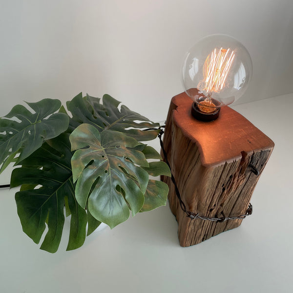 Wooden table lamp handcraafted from totara post with original fence wire, polished top grain.