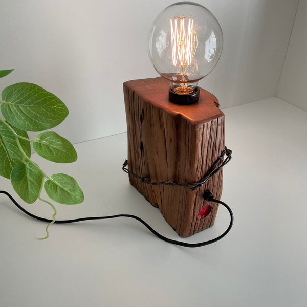 Wooden table lamp handcraafted from totara post with original fence wire, back view.