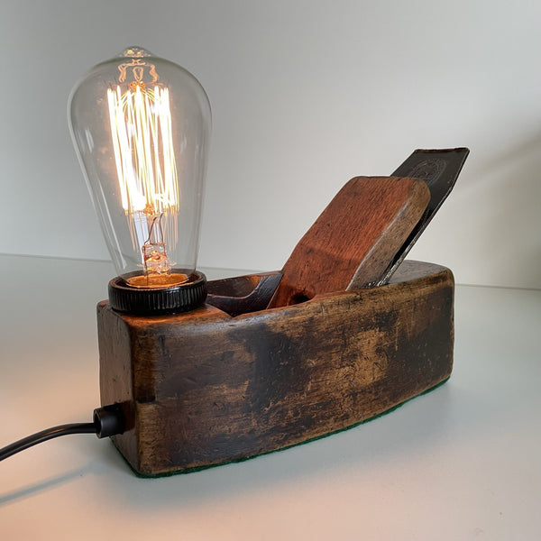 Beech wood table lamp made from vintage carpenters plane, polished with natural beeswax, by shades at grays.