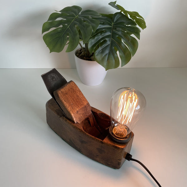 Wood table lamp recycled from vintage carpenters plane by shades at grays.