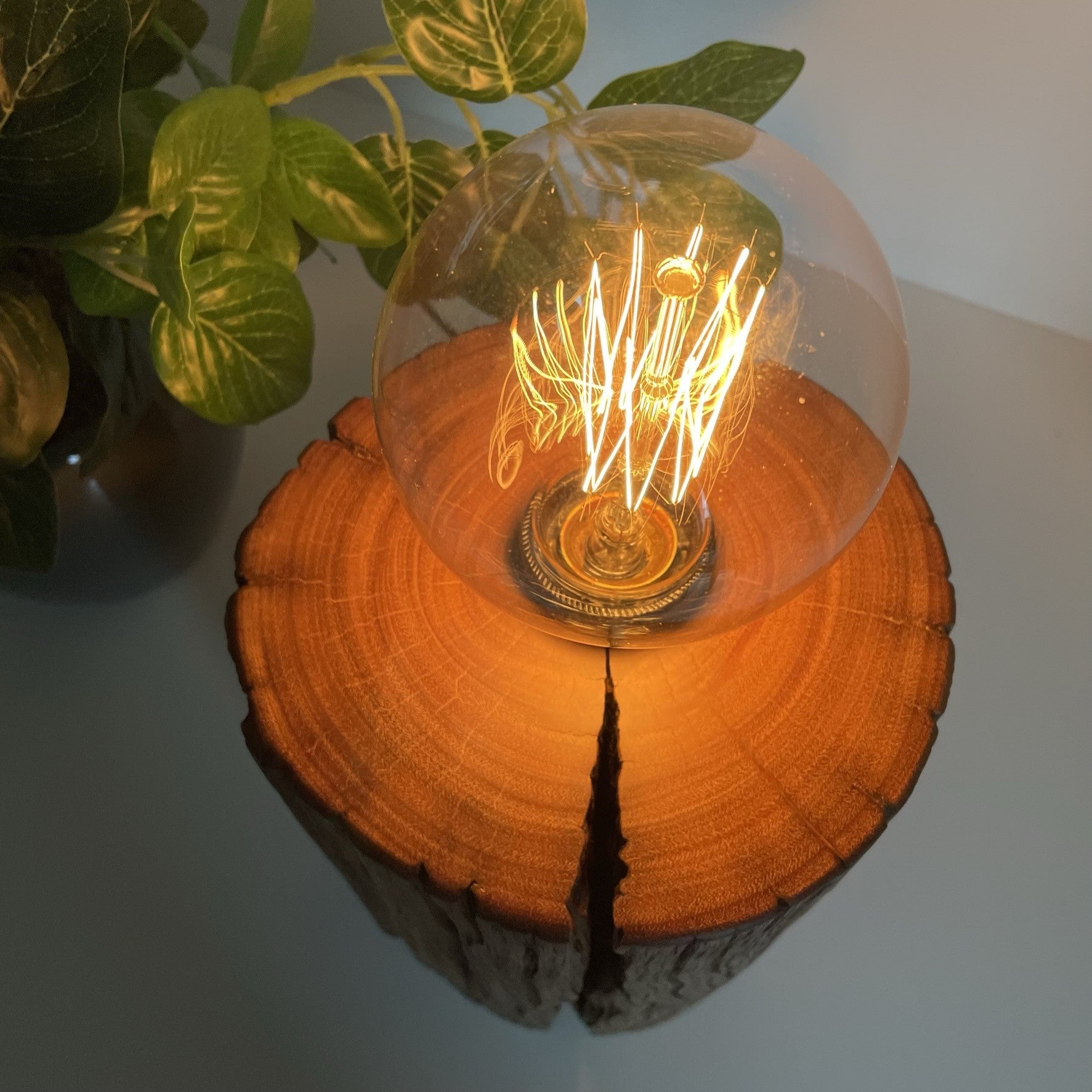 Wooden table lamp upcycled from authentic jarrah telegraph pole with edison bulb, lit. Eroded crack retained.