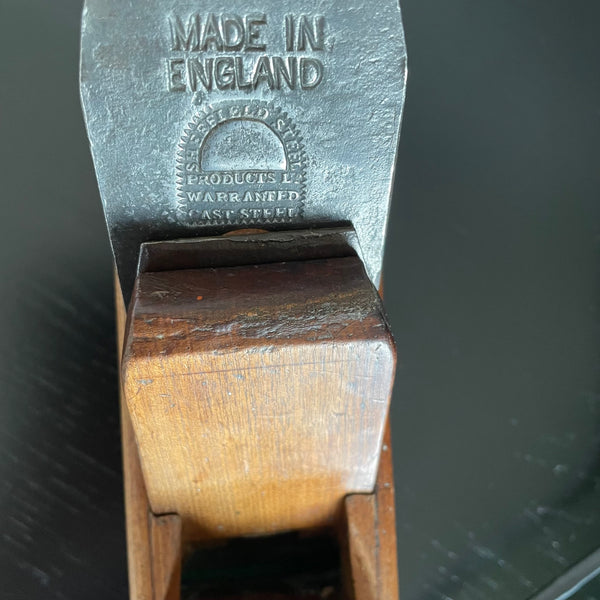 Wooden table lamp upcycled from vintage carpenter's plane by shades at grays, nz, close up of cutting blade with original branding.