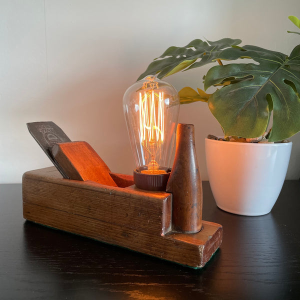 Wooden table lamp upcycled from vintage carpenter's plane by shades at grays, nz, side and front view.