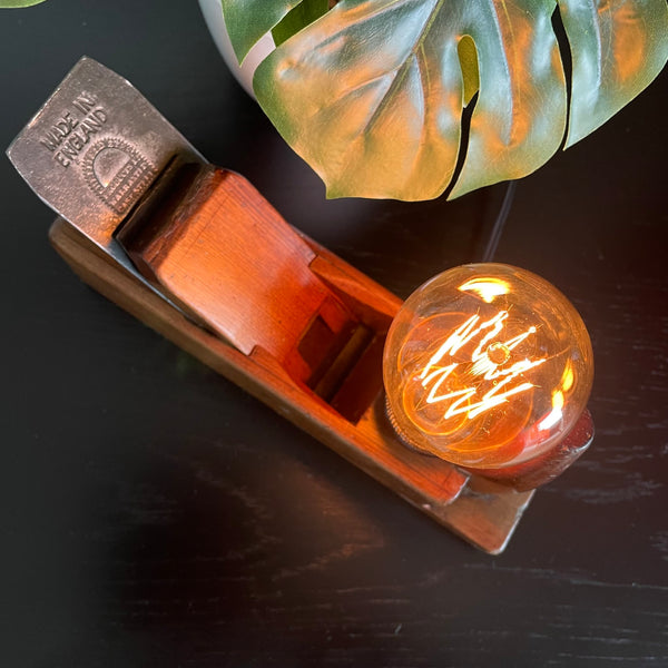 Wooden table lamp upcycled from vintage carpenter's plane by shades at grays, nz, top view.