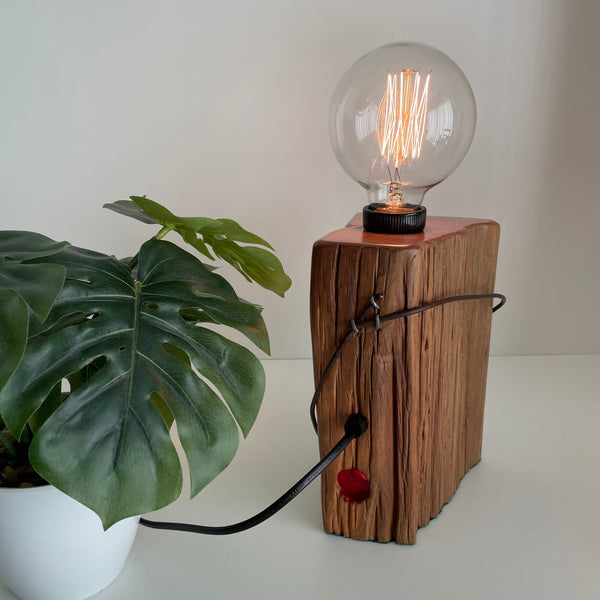 Wooden table lamp handcrafted from rustic totara fence post, by shades at grays, back view.