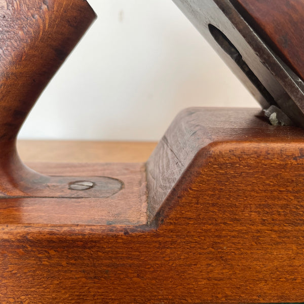 Vintage carpentry wood plane table lamp from Shades at Grays,close up of cutting blade detail and handle.