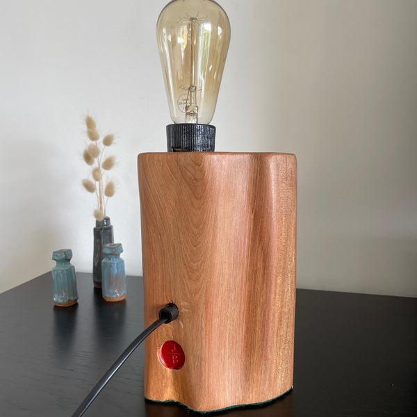 Wood table lamp crafted by shades at grays from old totara post with original staple, back view with black lead.