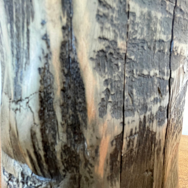 Wood table lamp handcrafted by shades at grays from authentic tōtara post, close up of wood grain.