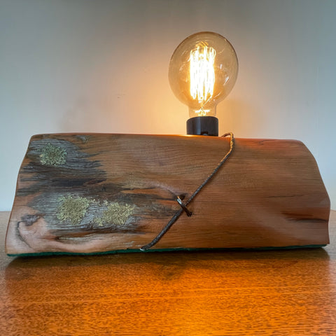 Wood table lamp reclaimed from vintage tōtara post with retained lichen and wire and the addition of a replica edison bulb, lit, handcrafted by Shades at Grays.