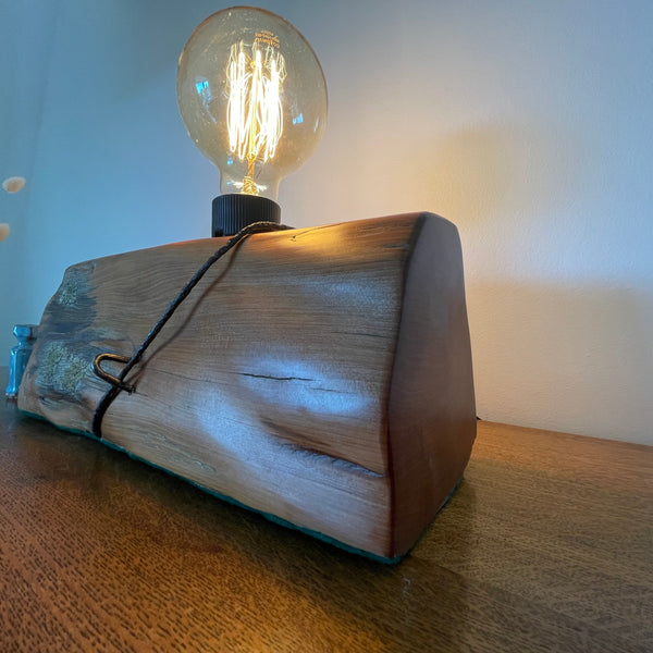 Wood table lamp reclaimed from vintage tōtara post with retained lichen and wire and the addition of a replica edison bulb, side and front view, handcrafted by Shades at Grays.