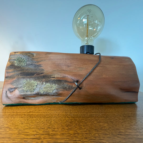 Wood table lamp reclaimed from vintage tōtara post with retained lichen and wire and the addition of a replica edison bulb, unlit, handcrafted by Shades at Grays.