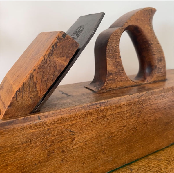 Wood table lamp upcycled from large vintage carpenters plane, close up of cutting blade and full tote handle, by shades at grays