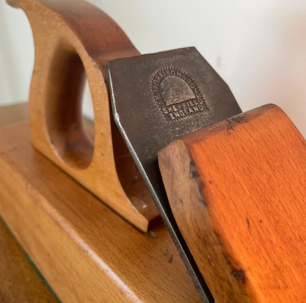 Wood table lamp upcycled from large vintage carpenters plane, close up of cutting blade with original branding, by shades at grays