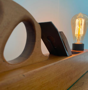 Wood table lamp upcycled from large vintage carpenters plane, close up of full tote handle, sanded and polished with natural bees wax, by shades at grays