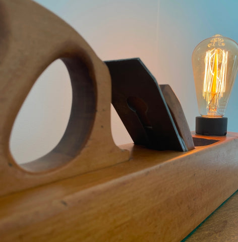 Wood table lamp upcycled from large vintage carpenters plane, close up of full tote handle, sanded and polished with natural bees wax, by shades at grays