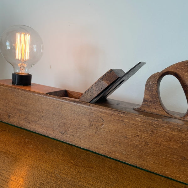 Wood table lamp upcycled from large vintage carpenters plane, side view, by shades at grays