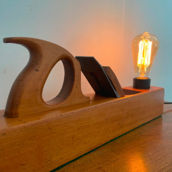 Wood table lamp upcycled from large vintage carpenters plane, view of full tote handle, sanded and polished with natural bees wax, by shades at grays