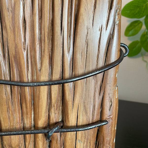 Wooden table lamp upcycled from old totara post by shades at grays close up of original wire.