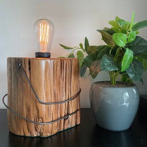 Wooden table lamp upcycled from old totara post by shades at grays with original wire.