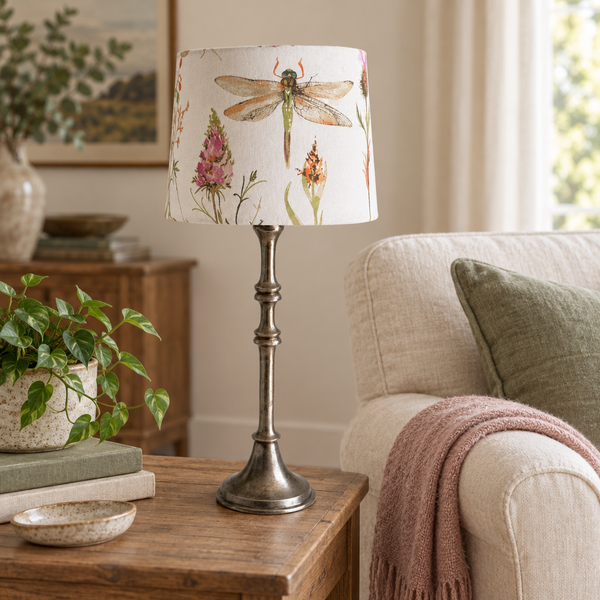 Antique silver lamp with a dragonfly shade in a softly styled living room