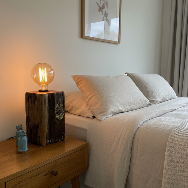 Upcycled totara fence post lamp on bedside table.