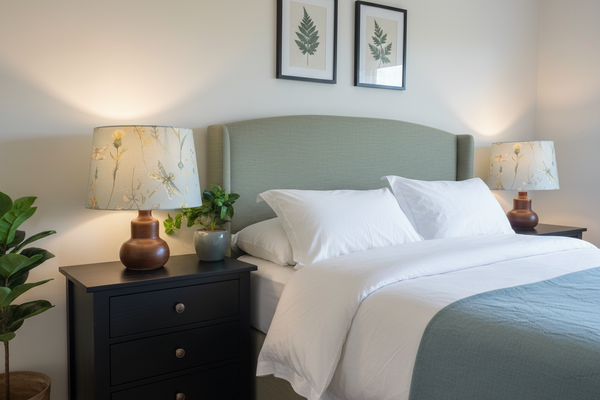 Handcrafted lamps on bedside tables.