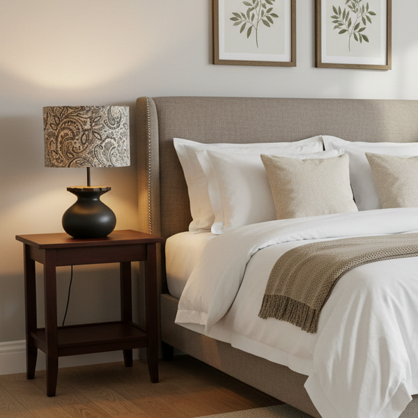 Slate blue paisley fabric lampshade in bedroom setting by shades at grays, nz.