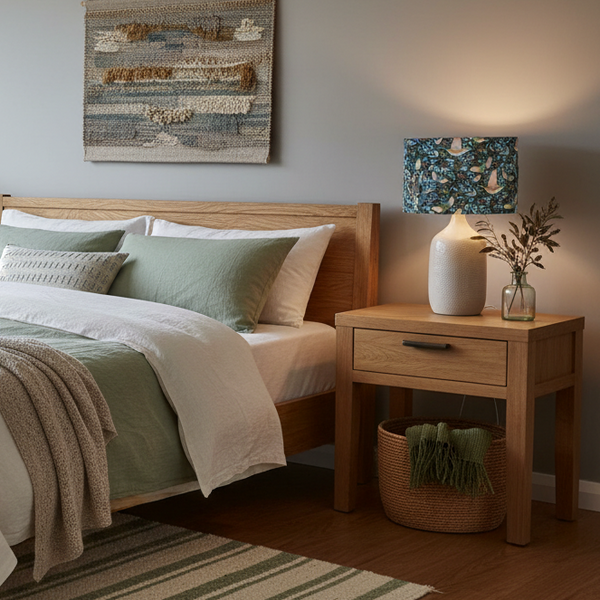 Bedroom table lamp with NZ bush fabric lampshade