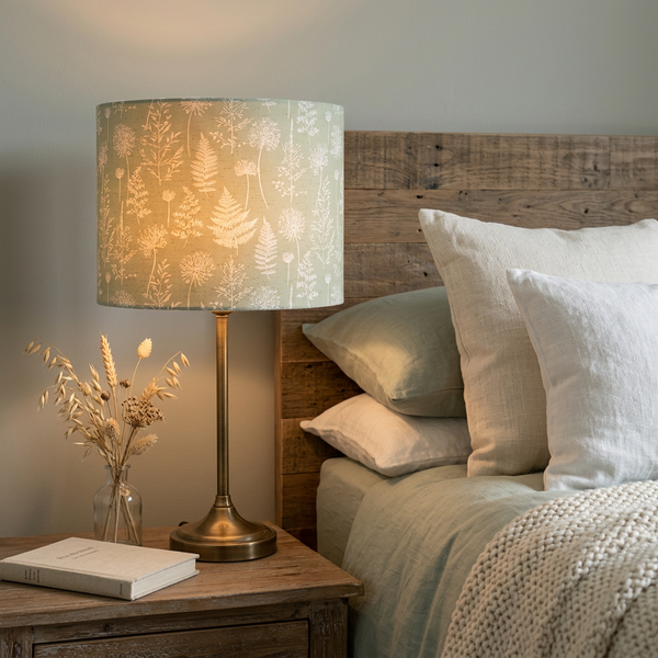 Bedside lamp in Meadow Green fabric with matching sage green bed linen