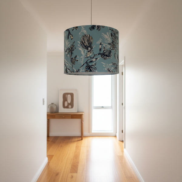Blue Fantail barrel ceiling lampshade in NZ hallway