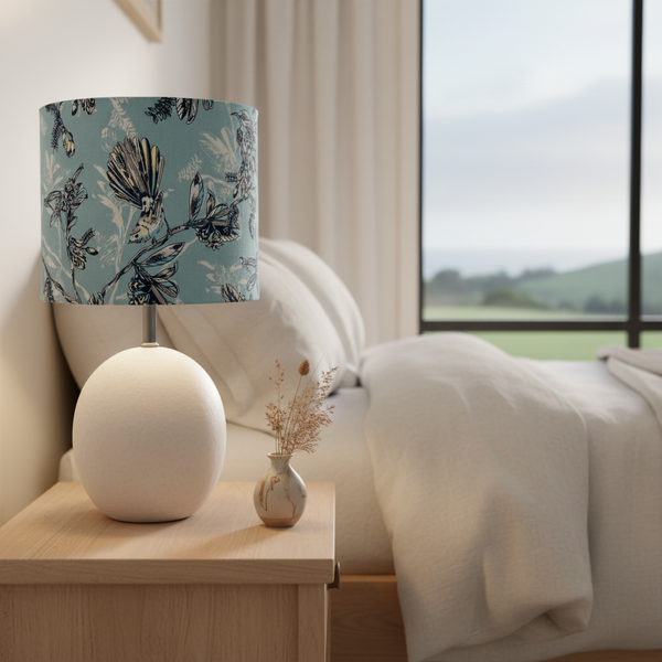 Blue Fantail lampshade on ceramic base in NZ bedroom
