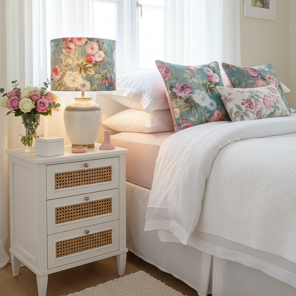 Blue Ocean Floral lampshade in pretty feminine bedroom with blush bed linen