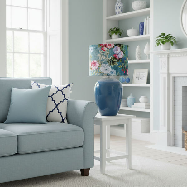 Blue Ocean Floral lampshade on blue ceramic base in bright blue living room