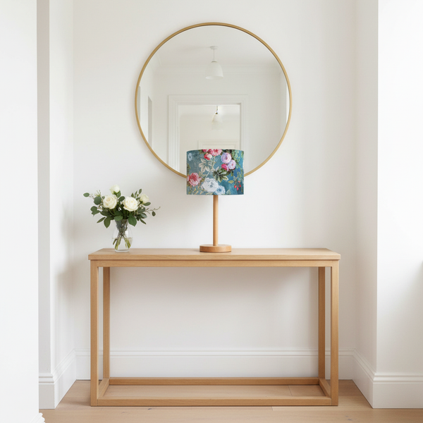 Blue Ocean Floral lampshade on console table in light airy hallway
