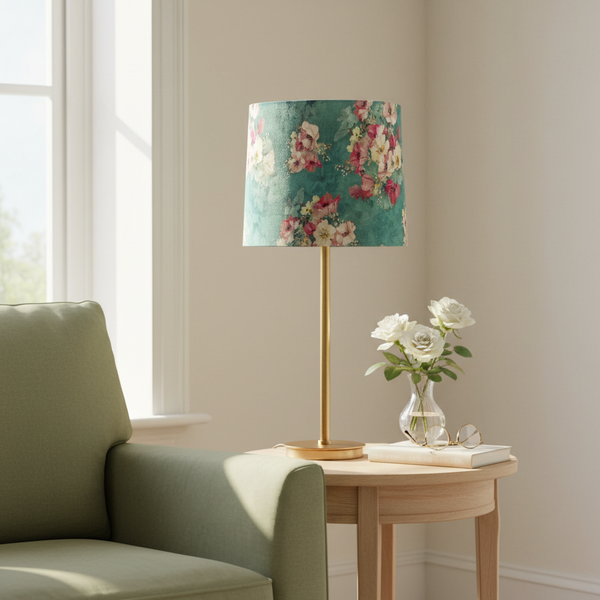 Blue Skies teal floral lampshade in elegant modern living room
