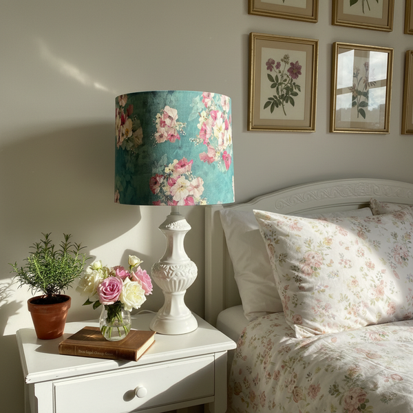 Blue Skies teal floral lampshade in garden-lover's bedroom