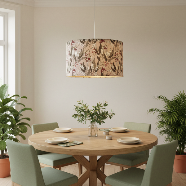 Large drum ceiling pendant lightshade handcrafted by shades at grays with eucalyptus on pink fabric.