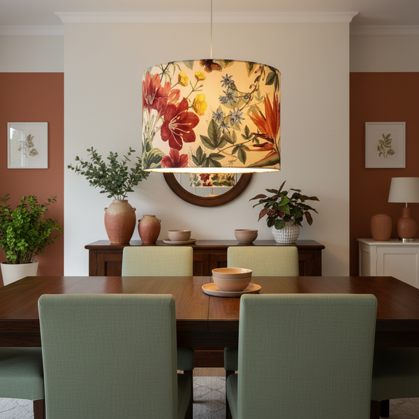 Dining room with a floral pendant light handcrafted by shades at grays in velvet bouquet, table, chairs, and decorative elements.